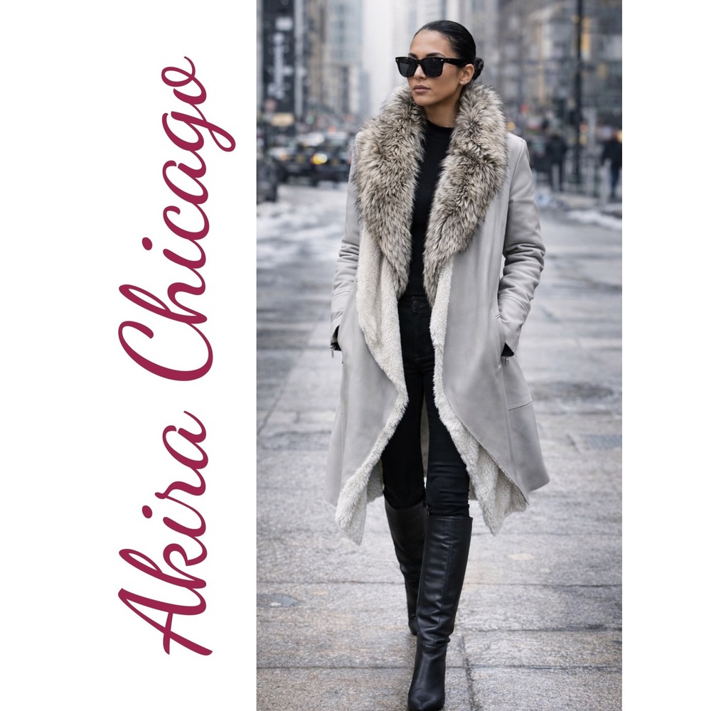 Akira Chicago Red Label Gray Vegan Leather Faux Fur‎ Trim Draped Coat Large